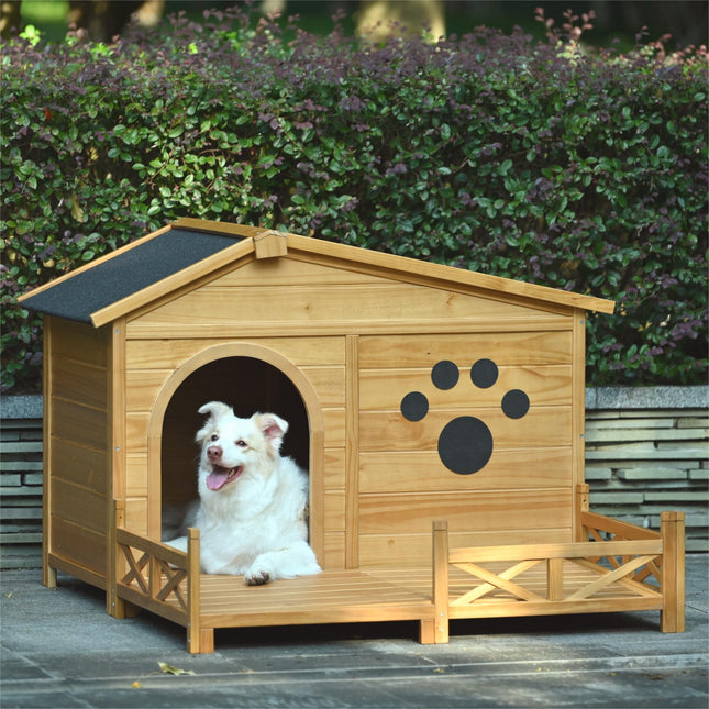 48" Wooden Dog House Outdoor With Porch, Dog Kennel With Water-Resistant Asphalt Roof and Fencing,Indoor & Outdoor Dog C