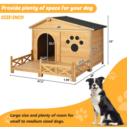 48" Wooden Dog House Outdoor With Porch, Dog Kennel With Water-Resistant Asphalt Roof and Fencing,Indoor & Outdoor Dog C