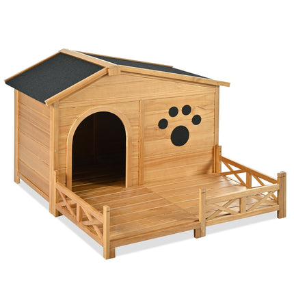 48" Wooden Dog House Outdoor With Porch, Dog Kennel With Water-Resistant Asphalt Roof and Fencing,Indoor & Outdoor Dog C