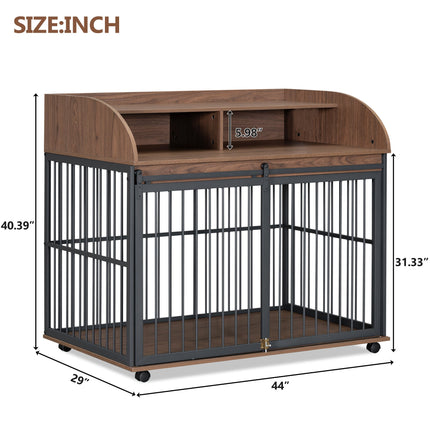 44'' Heavy Duty Large Dog Crate Furniture for Large Medium Dog With Lockable Wheels, Wooden Dog Crate Dog Kennel, End Ta