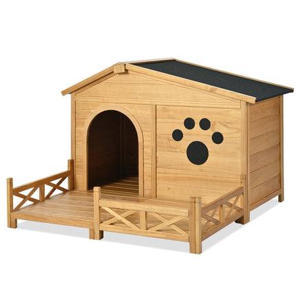 48" Wooden Dog House Outdoor With Porch, Dog Kennel With Water-Resistant Asphalt Roof and Fencing,Indoor & Outdoor Dog C