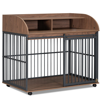 44'' Heavy Duty Large Dog Crate Furniture for Large Medium Dog With Lockable Wheels, Wooden Dog Crate Dog Kennel, End Ta