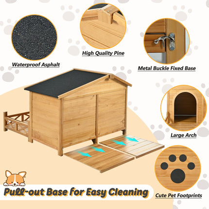 48" Wooden Dog House Outdoor With Porch, Dog Kennel With Water-Resistant Asphalt Roof and Fencing,Indoor & Outdoor Dog C
