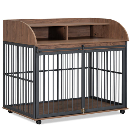 44'' Heavy Duty Large Dog Crate Furniture for Large Medium Dog With Lockable Wheels, Wooden Dog Crate Dog Kennel, End Ta