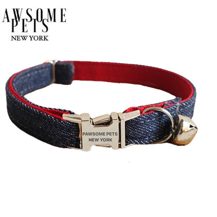 Small Size Dog & Cat Collar- Jeans Blue With Red