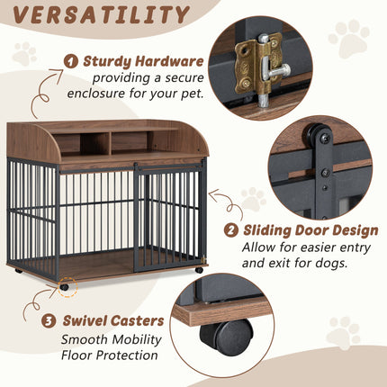 44'' Heavy Duty Large Dog Crate Furniture for Large Medium Dog With Lockable Wheels, Wooden Dog Crate Dog Kennel, End Ta