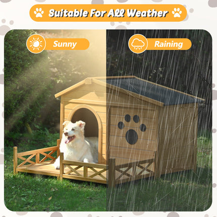 48" Wooden Dog House Outdoor With Porch, Dog Kennel With Water-Resistant Asphalt Roof and Fencing,Indoor & Outdoor Dog C