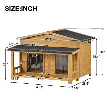 47.2" Large Wooden Dog House Outdoor,  Outdoor & Indoor Dog Crate, Cabin Style, With Porch, 2 Doors