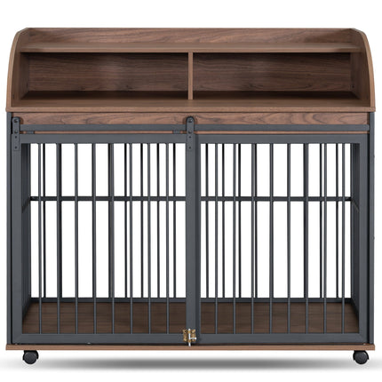 44'' Heavy Duty Large Dog Crate Furniture for Large Medium Dog With Lockable Wheels, Wooden Dog Crate Dog Kennel, End Ta