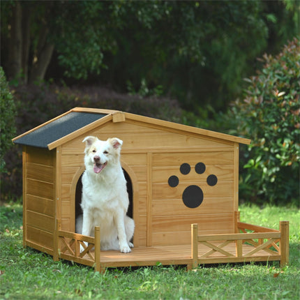 48" Wooden Dog House Outdoor With Porch, Dog Kennel With Water-Resistant Asphalt Roof and Fencing,Indoor & Outdoor Dog C