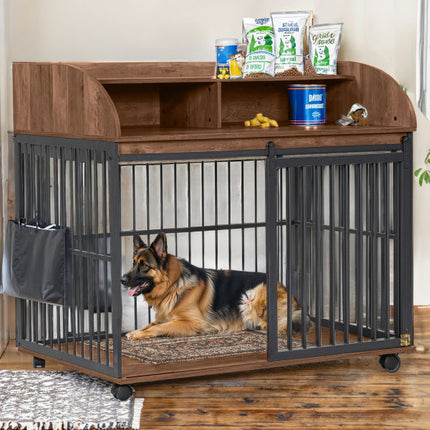 44'' Heavy Duty Large Dog Crate Furniture for Large Medium Dog With Lockable Wheels, Wooden Dog Crate Dog Kennel, End Ta