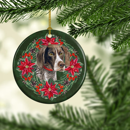 German Shorthaired Pointer Poinsetta Wreath Ceramic Ornament
