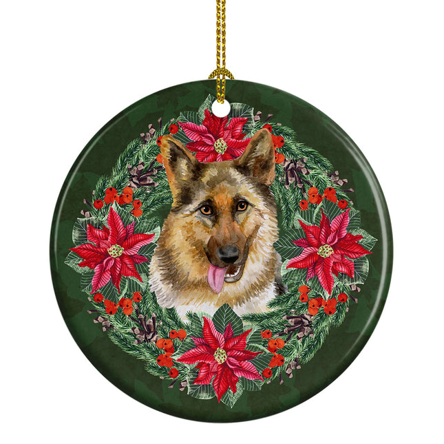 German Shepherd Poinsetta Wreath Ceramic Ornament