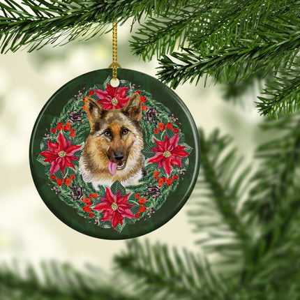German Shepherd Poinsetta Wreath Ceramic Ornament