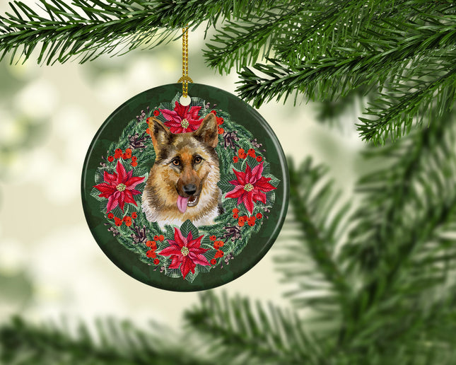 German Shepherd Poinsetta Wreath Ceramic Ornament