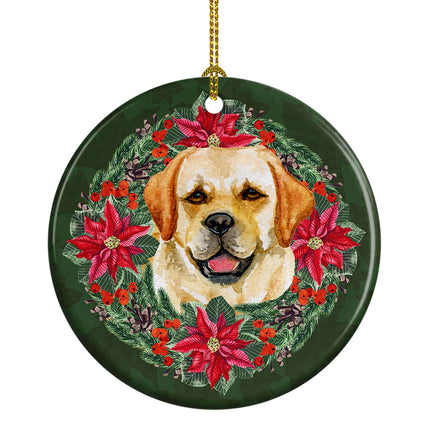 Golden Retriever Poinsetta Wreath Ceramic Ornament