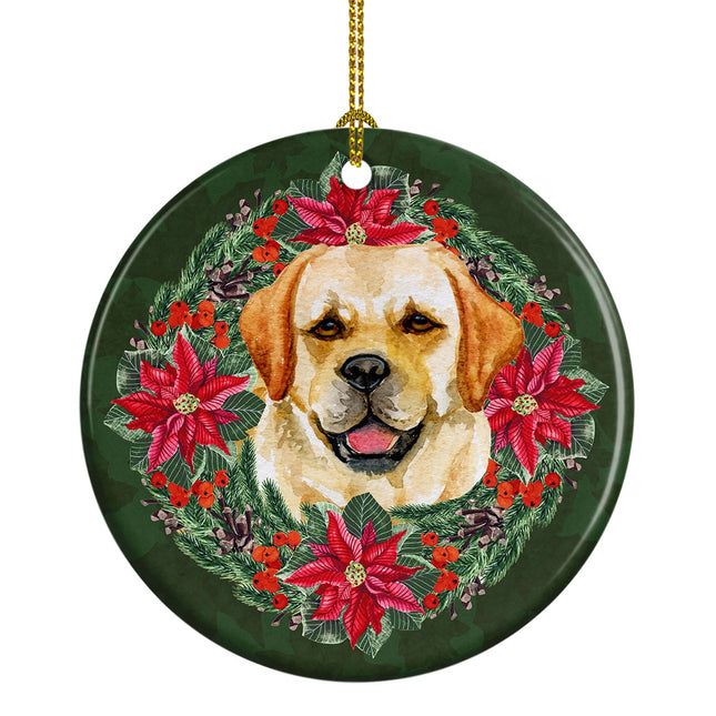 Golden Retriever Poinsetta Wreath Ceramic Ornament