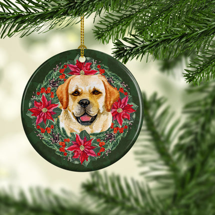 Golden Retriever Poinsetta Wreath Ceramic Ornament
