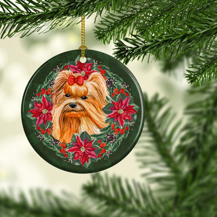 Yorkshire Terrier Poinsetta Wreath Ceramic Ornament