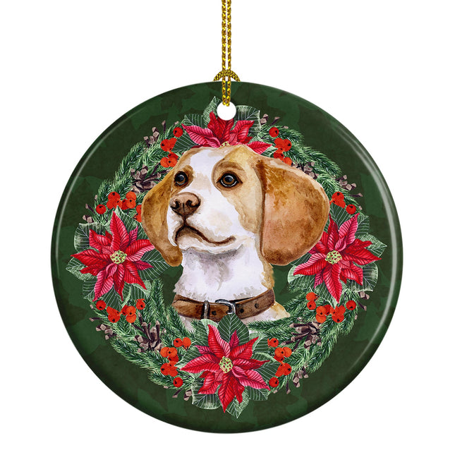 Beagle Poinsetta Wreath Ceramic Ornament