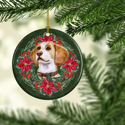 Beagle Poinsetta Wreath Ceramic Ornament