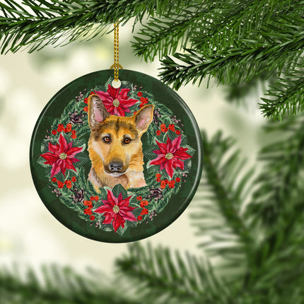 German Shepherd #2 Poinsetta Wreath Ceramic Ornament