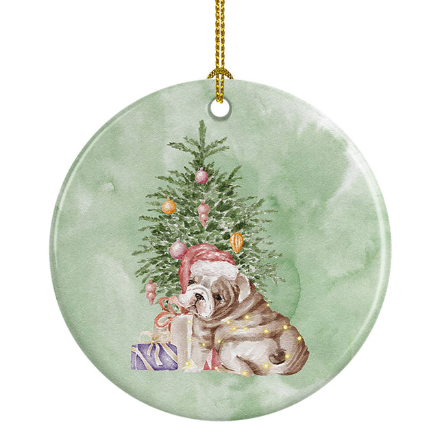 Bulldog, English Bulldog Puppy Christmas Presents and Tree Ceramic Ornament