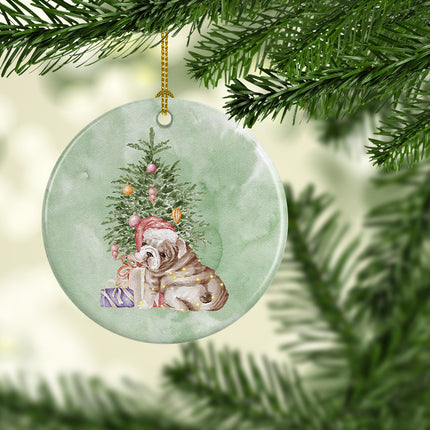 Bulldog, English Bulldog Puppy Christmas Presents and Tree Ceramic Ornament