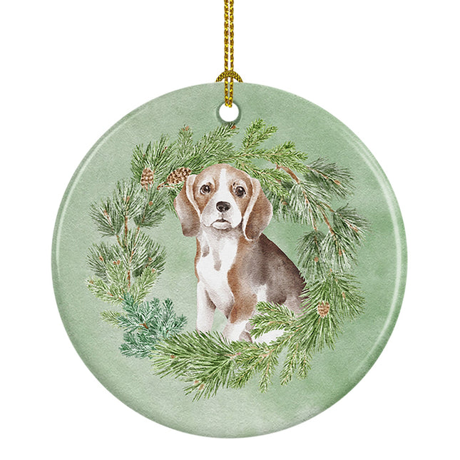 Beagle Puppy Christmas Wreath Ceramic Ornament