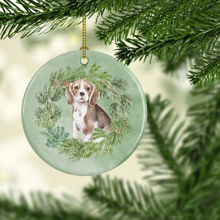 Beagle Puppy Christmas Wreath Ceramic Ornament