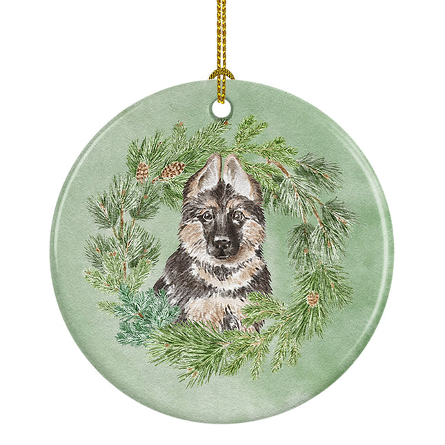 German Shepherd Puppy Christmas Wreath Ceramic Ornament