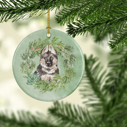 German Shepherd Puppy Christmas Wreath Ceramic Ornament