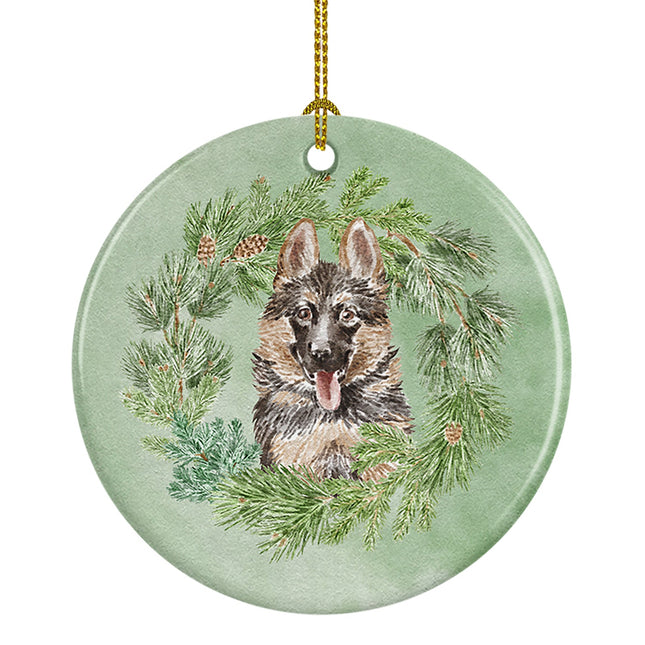 German Shepherd Puppy Smiling Christmas Wreath Ceramic Ornament