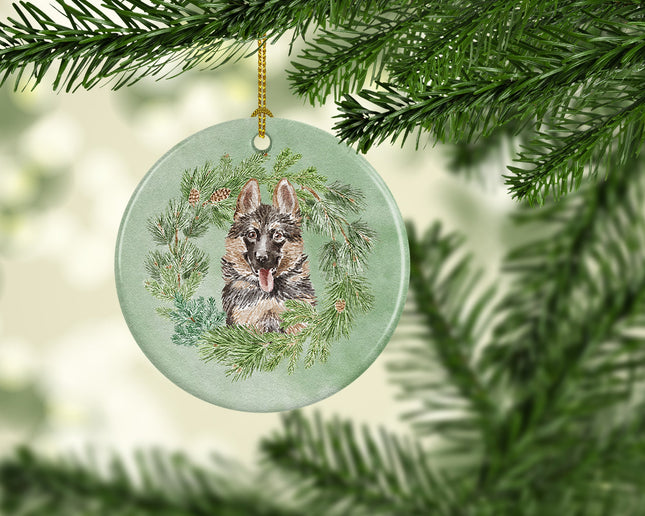 German Shepherd Puppy Smiling Christmas Wreath Ceramic Ornament