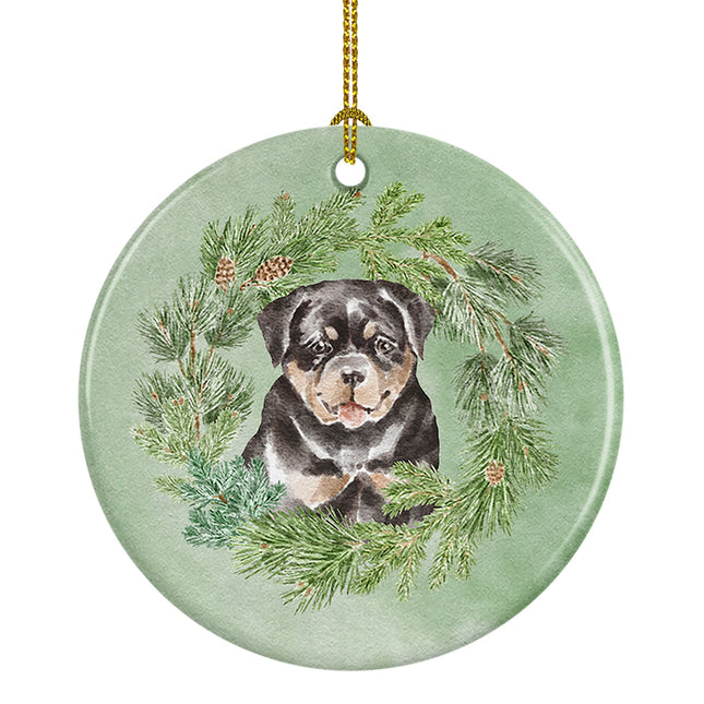 Rottweiler Puppy Christmas Wreath Ceramic Ornament