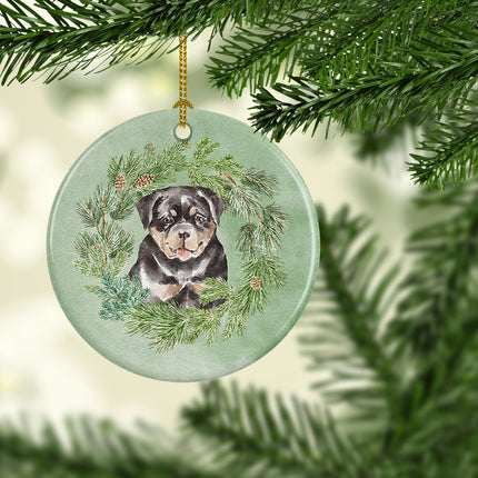 Rottweiler Puppy Christmas Wreath Ceramic Ornament