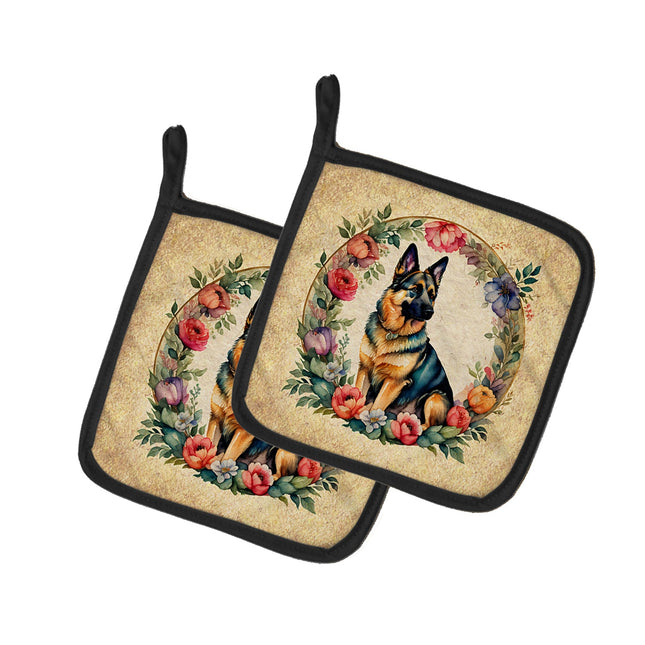 German Shepherd and Flowers Pair of Pot Holders