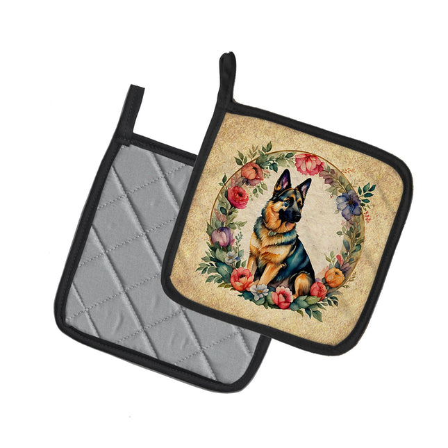 German Shepherd and Flowers Pair of Pot Holders