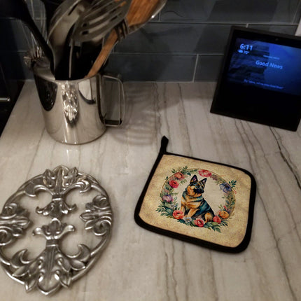 German Shepherd and Flowers Pair of Pot Holders