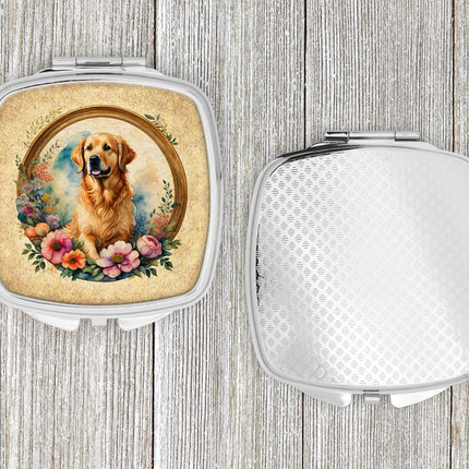 Golden Retriever and Flowers Compact Mirror