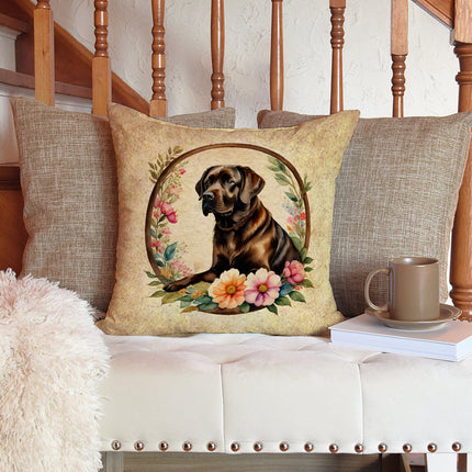 Chocolate Labrador Retriever and Flowers Throw Pillow