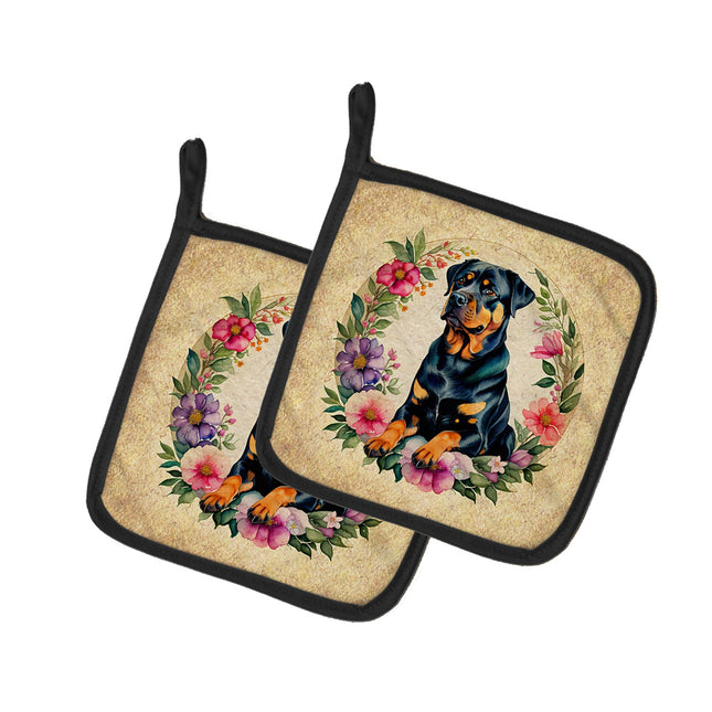 Rottweiler and Flowers Pair of Pot Holders