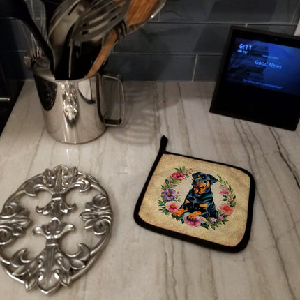 Rottweiler and Flowers Pair of Pot Holders