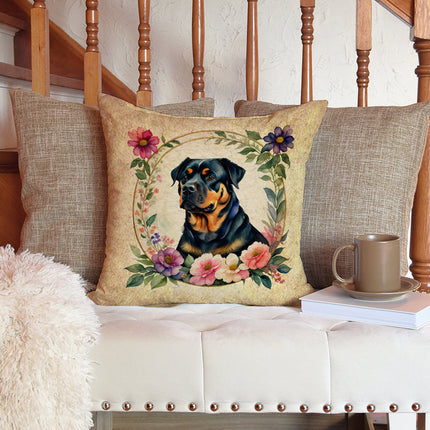Rottweiler and Flowers Throw Pillow
