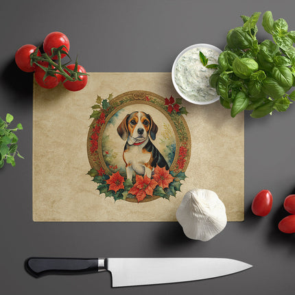 Beagle Christmas Flowers Glass Cutting Board