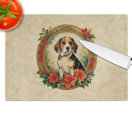 Beagle Christmas Flowers Glass Cutting Board