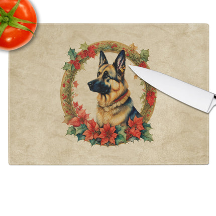 German Shepherd Christmas Flowers Glass Cutting Board