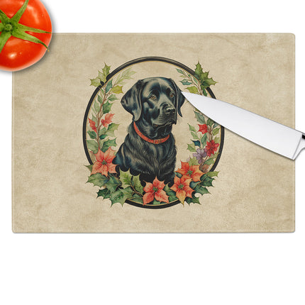Labrador Retriever Christmas Flowers Glass Cutting Board
