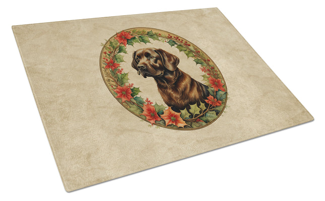 Labrador Retriever Christmas Flowers Glass Cutting Board