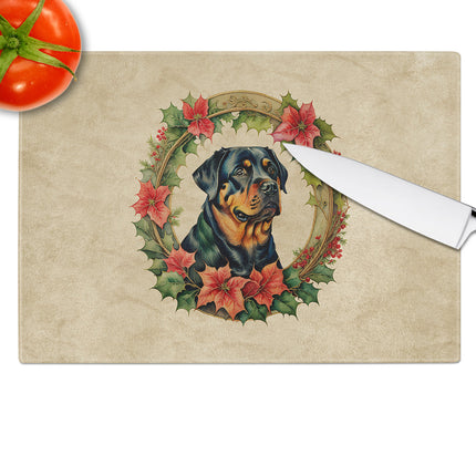 Rottweiler Christmas Flowers Glass Cutting Board
